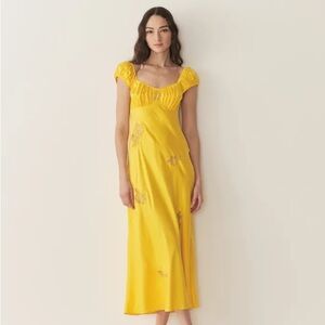 Doen Gwendolyn Silk Lace Short Sleeve Midi Maxi Dress Daylily Yellow Gold